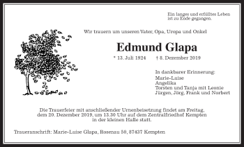 Traueranzeige von Edmund Glapa von Giessener Allgemeine, Alsfelder Allgemeine
