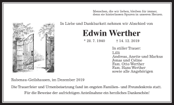 Traueranzeige von EdwinWerther Werther von Giessener Allgemeine, Alsfelder Allgemeine