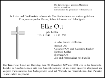 Traueranzeige von Elke Ott von Giessener Allgemeine, Alsfelder Allgemeine