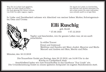 Traueranzeige von Elli Ruschig von Giessener Allgemeine, Alsfelder Allgemeine