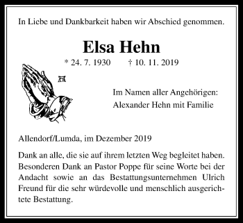 Traueranzeige von Elsa Hehn von Giessener Allgemeine, Alsfelder Allgemeine