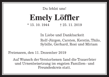 Traueranzeige von Emely Löffler von Laubacher Anzeiger, Giessener Allgemeine, Alsfelder Allgemeine