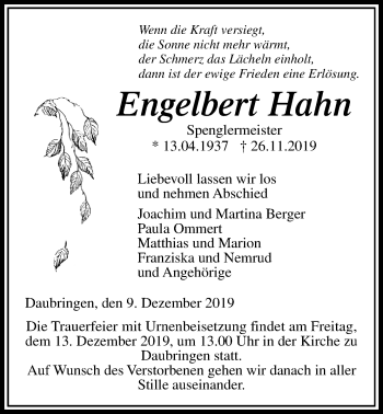 Traueranzeige von Engelbert Hahn von Giessener Allgemeine, Alsfelder Allgemeine