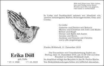 Traueranzeige von Erika Döll von Wetterauer Zeitung