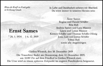 Traueranzeige von Ernst Sames von Giessener Allgemeine, Alsfelder Allgemeine