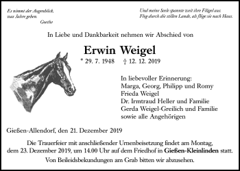 Traueranzeige von Erwin Weigel von Giessener Allgemeine, Alsfelder Allgemeine