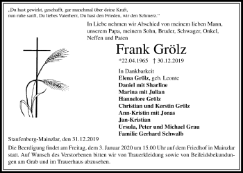 Traueranzeige von Frank Grölz von Giessener Allgemeine, Alsfelder Allgemeine