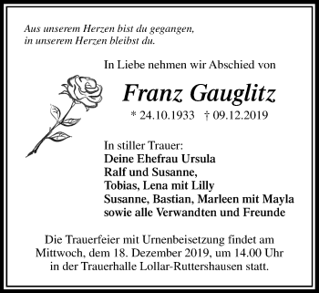 Traueranzeige von Franz Gauglitz von Giessener Allgemeine, Alsfelder Allgemeine
