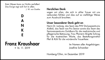 Traueranzeige von Franz Kraushaar von Alsfelder Allgemeine