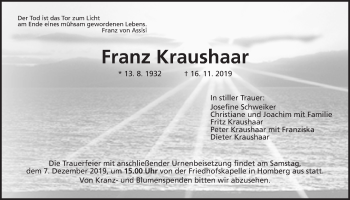Traueranzeige von Franz Kraushaar von Alsfelder Allgemeine