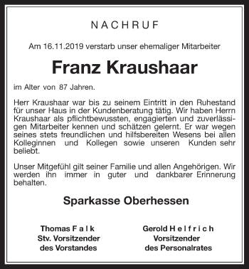 Traueranzeige von Franz Kraushaar von Alsfelder Allgemeine