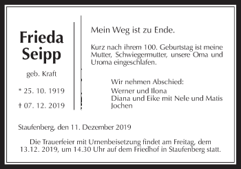 Traueranzeige von Frieda Seipp von Giessener Allgemeine, Alsfelder Allgemeine