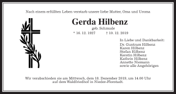 Traueranzeige von Gerda Hilbenz von Wetterauer Zeitung