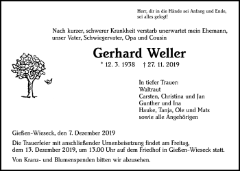 Traueranzeige von Gerhard Weller von Giessener Allgemeine, Alsfelder Allgemeine