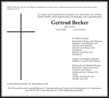 Traueranzeige von Gertrud Becker von Giessener Allgemeine, Alsfelder Allgemeine