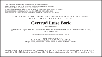 Traueranzeige von Gertrud Luise Bork von Wetterauer Zeitung, Giessener Allgemeine, Alsfelder Allgemeine