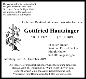 Traueranzeige von Gottfried Hautzinger von Giessener Allgemeine, Alsfelder Allgemeine