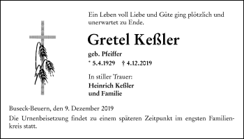 Traueranzeige von Gretel Keßler von Giessener Allgemeine, Alsfelder Allgemeine