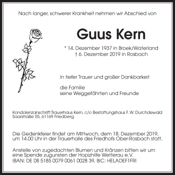 Traueranzeige von Guus Kern von Wetterauer Zeitung