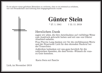 Traueranzeige von Günter Stein von Giessener Allgemeine, Alsfelder Allgemeine