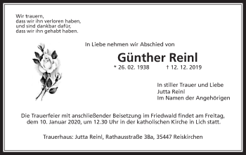 Traueranzeige von Günther Reinl von Giessener Allgemeine, Alsfelder Allgemeine