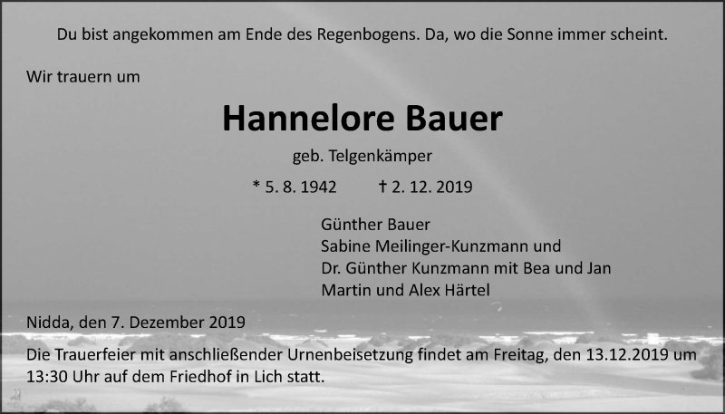  Traueranzeige für Hannelore Bauer vom 07.12.2019 aus Giessener Allgemeine, Alsfelder Allgemeine