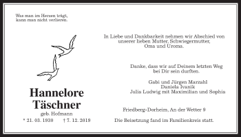 Traueranzeige von Hannelore Täschner von Wetterauer Zeitung