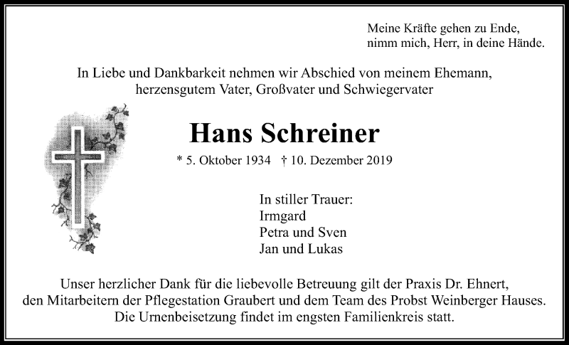  Traueranzeige für Hans Schreiner vom 14.12.2019 aus Wetterauer Zeitung
