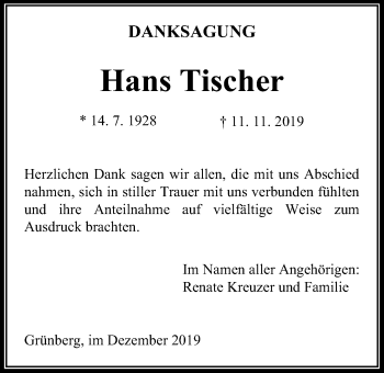 Traueranzeige von Hans Tischer von Giessener Allgemeine, Alsfelder Allgemeine