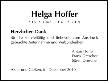 Traueranzeige von Helga Hoffer von Giessener Allgemeine, Alsfelder Allgemeine