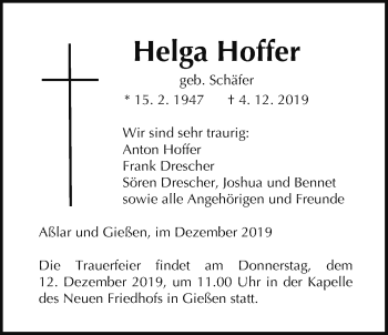 Traueranzeige von Helga Hoffer von Giessener Allgemeine, Alsfelder Allgemeine