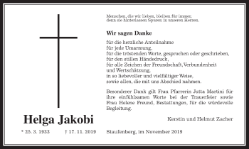 Traueranzeige von Helga Jakobi von Giessener Allgemeine, Alsfelder Allgemeine