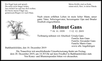 Traueranzeige von Helmut Gans von Giessener Allgemeine, Alsfelder Allgemeine