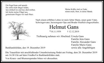 Traueranzeige von Helmut Gans von Licher Wochenblatt