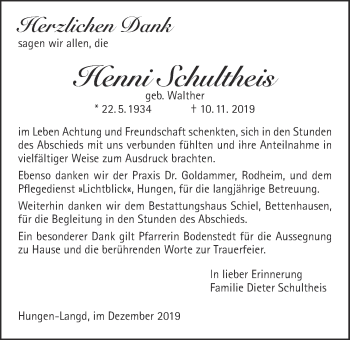 Traueranzeige von Henni Schultheis von Licher Wochenblatt