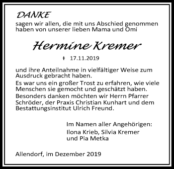 Traueranzeige von Hermine Kremer von Allendorfer Mitteilungen, Rabenauer Zeitung
