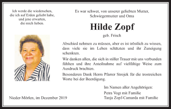 Traueranzeige von Hilde Zopf von Wetterauer Zeitung