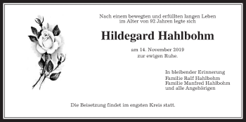 Traueranzeige von Hildegard Hahlbohm von Licher Wochenblatt