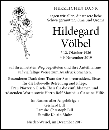 Traueranzeige von Hildegard Völbel von Wetterauer Zeitung