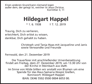 Traueranzeige von Hildegart Happel von Giessener Allgemeine, Alsfelder Allgemeine