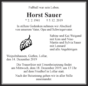 Traueranzeige von Horst Sauer von Giessener Allgemeine, Alsfelder Allgemeine