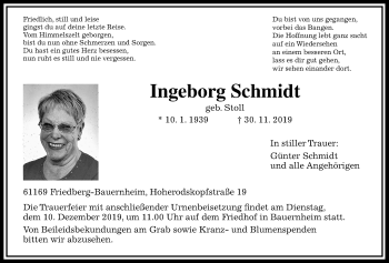 Traueranzeige von Ingeborg Schmidt von Wetterauer Zeitung