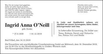 Traueranzeige von Ingrid Anna O’Neill von Wetterauer Zeitung, Giessener Allgemeine, Alsfelder Allgemeine