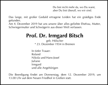 Traueranzeige von Irmgard Bitsch von Giessener Allgemeine, Alsfelder Allgemeine