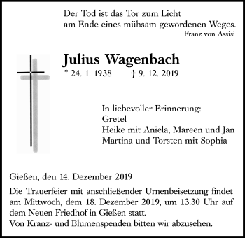 Traueranzeige von Julius Wagenbach von Giessener Allgemeine, Alsfelder Allgemeine