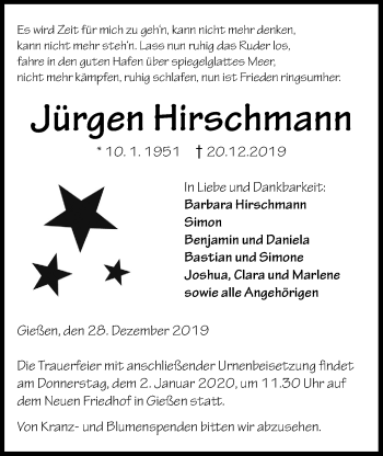 Traueranzeige von Jürgen Hirschmann von Giessener Allgemeine, Alsfelder Allgemeine