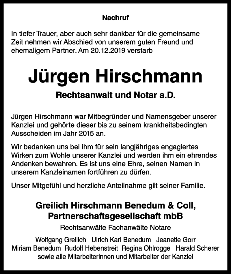  Traueranzeige für Jürgen Hirschmann vom 28.12.2019 aus Giessener Allgemeine, Alsfelder Allgemeine