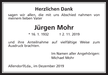 Traueranzeige von Jürgen Mohr von Allendorfer Mitteilungen