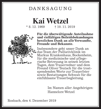 Traueranzeige von Kai Wetzel von Wetterauer Zeitung