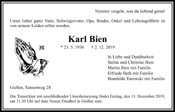 Traueranzeige von Karl Bien von Giessener Allgemeine, Alsfelder Allgemeine